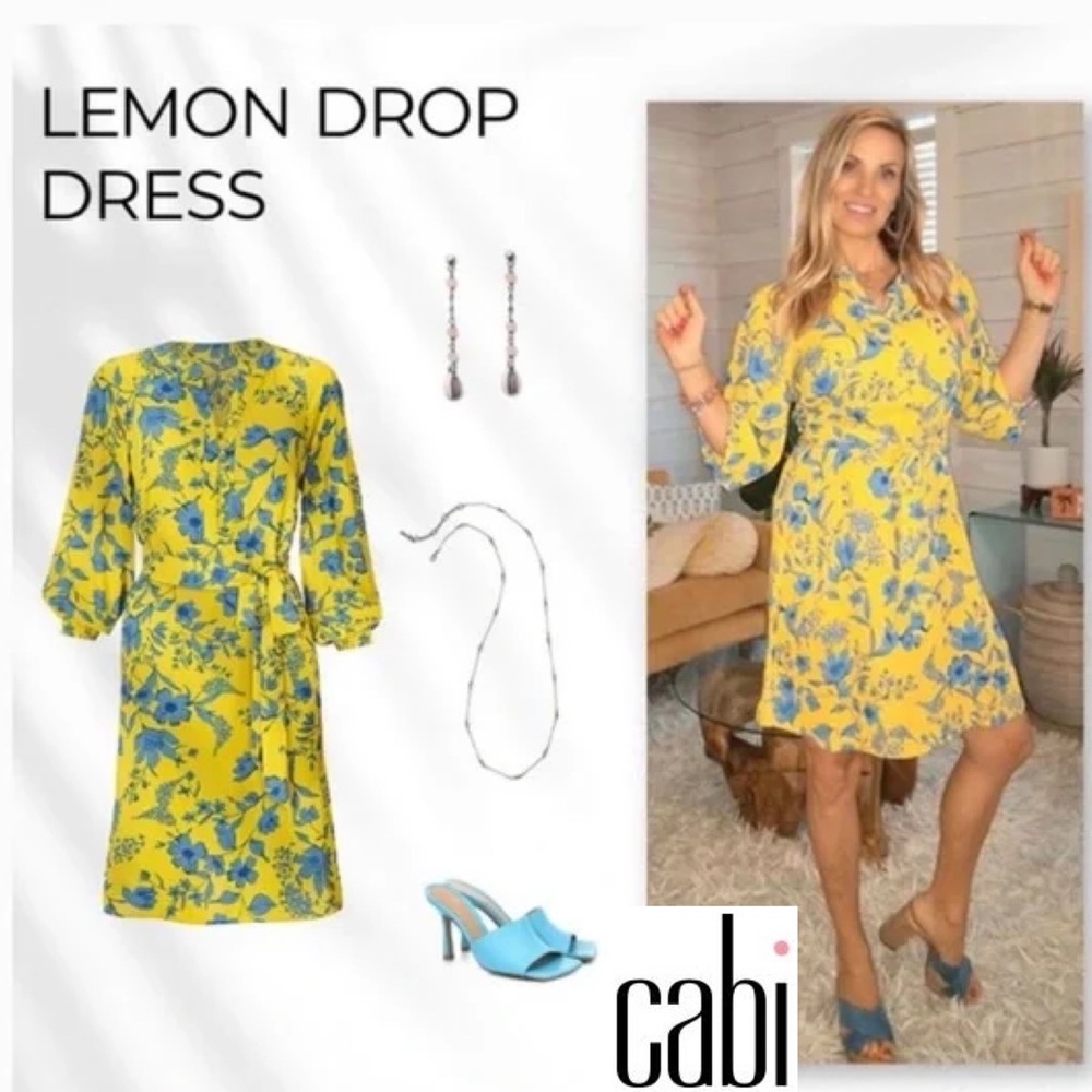 CAbi 5794 Lemon Drop Dress Yellow Floral Split
Neck Long Sleeve Belted Size XL